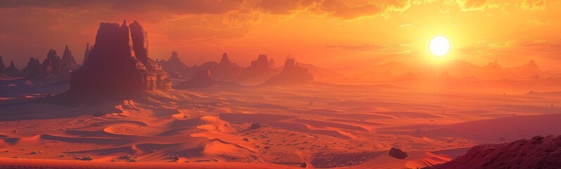 Sunset over a desert landscape with a lone person walking. Banner