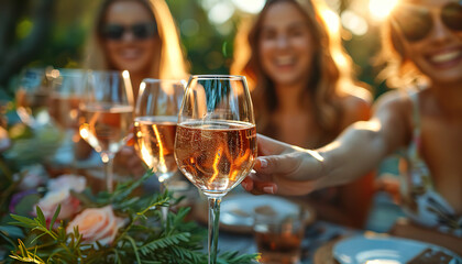 Fototapeta premium A glass of rose wine being toasted by a group of friends. Generated by AI.