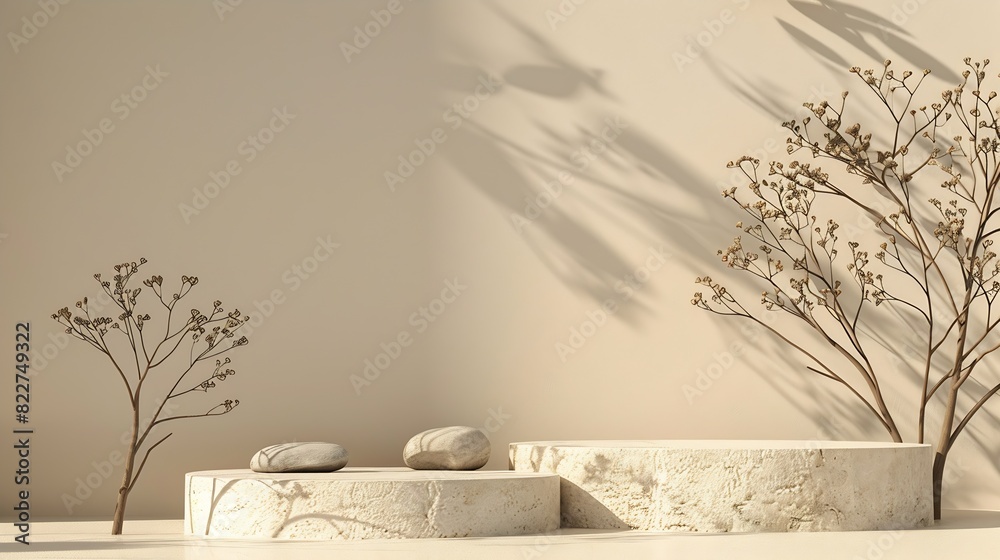 Poster composition empty podium material tree stone dry flowers product presentation background beige green