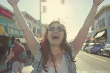 young beautiful hipster woman in the city street happy and excited celebrating success