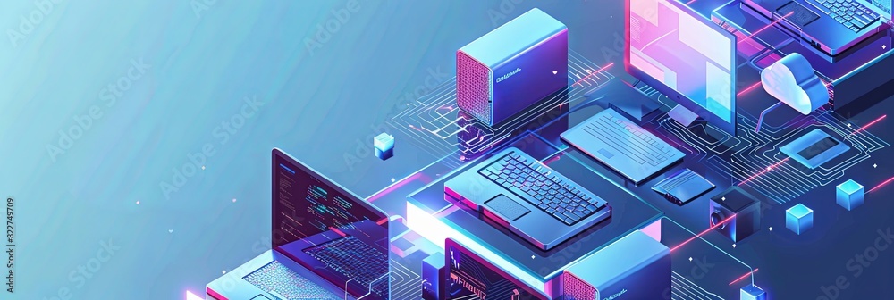 Poster A group of laptops sitting on top of each other in a neat stack. Isometric icon of computers, perfect for tech-related designs. Generative AI