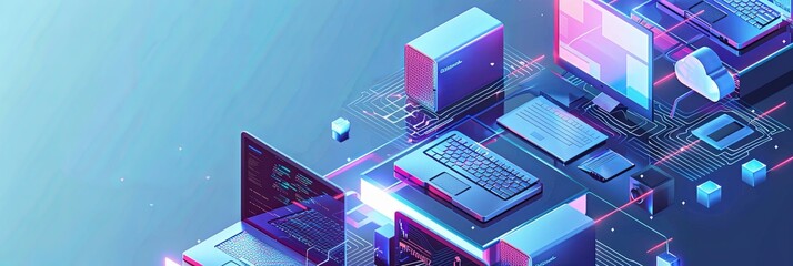 A group of laptops sitting on top of each other in a neat stack. Isometric icon of computers, perfect for tech-related designs. Generative AI