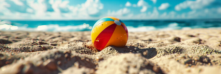 Obraz premium Sunny Beach Day with Colorful Beach Ball on the Sand, Fun and Playful Summer Vacation Scene