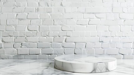 Fototapeta premium Empty marble podium on bathroom table before white brick wall : Generative AI