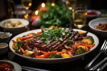Meat dish with bittersweet sauce and ginger., generative IA
