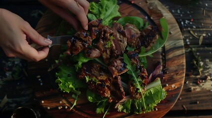 Meat steaks with fresh salad served at wooden board Close up : Generative AI