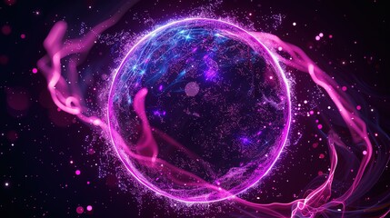 Obraz premium Neon Energy Sphere with Purple and Pink Flames: Abstract Particles and Waves