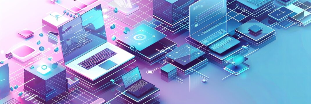 Isometric icon of a laptop computer in white and blue colors, ideal for computer service or tech repair banners. Generative AI