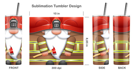 Funny Gnome Firefighter cartoon character. Seamless sublimation template for 20 oz skinny tumbler. Sublimation illustration. Seamless from edge to edge. Full tumbler wrap.