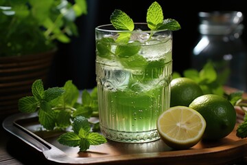 Glass sweaty with mint iced tea and fresh leaves., generative IA