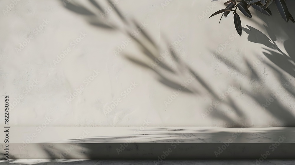 Poster Background White Wall Studio with  Shadow Leaves light Cement floor Surface Texture BackgroundEmpty Kitchen Room with Podium DisplayTop Shelf BarBackdrop Concrete backgroundCosmetic Pr : Generative AI