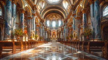 A large, ornate church with a long, empty aisle - Powered by Adobe