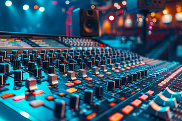 The sound console and control panel in the recording studio with equipment for music production, video shooting or film making on a blurred background