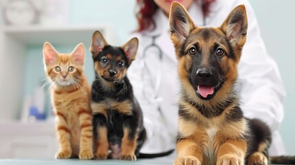 Vet examining dog and cat Puppy and kitten at veterinarian doctor Animal clinic Pet check up and vaccination Health care : Generative AI