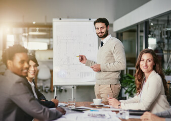 Man, business and presentation in office for meeting or strategy, conversation with leader for collaboration. Male manager and colleagues in workplace for planning or teamwork, pitch for company