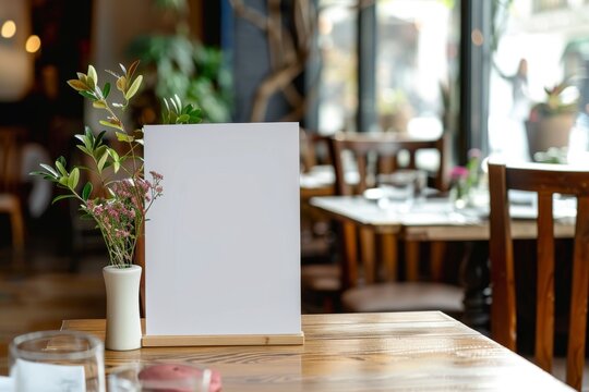 White blank restaurant menu sign on a table