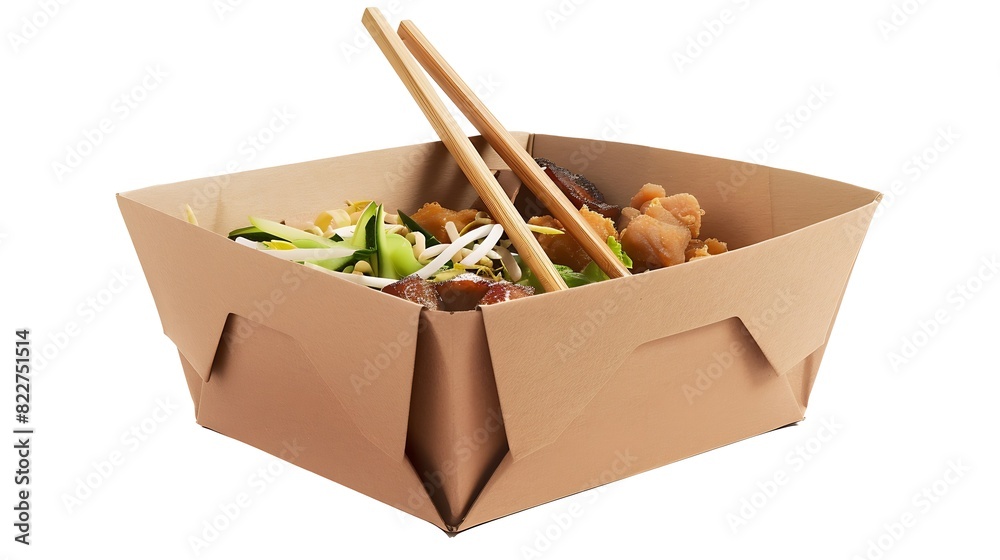 Poster closed wok paper box with food and chopsticks isolated on white background asian fast food concept :