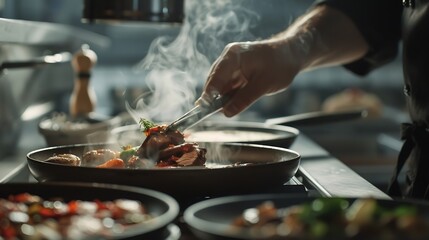 Close up of a chefs hand cooking and preparing fine dining meals Food prepping in the kitchen : Generative AI