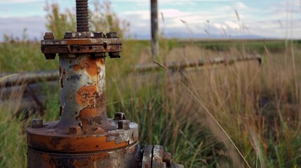 Fototapeta premium A oncethriving oil well stands abandoned with its cap tightly screwed on top.
