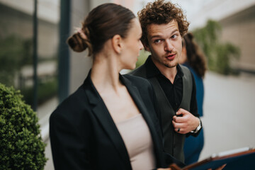 Two colleagues engaged in a conversation outdoors, capturing a professional setting and teamwork in an urban environment.