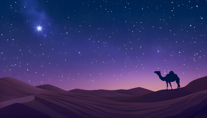 Fototapeta premium A camel in the desert at night with stars in the sky, representing the Ramadan concept and spirituality.