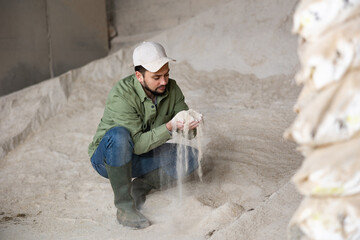 Confident farm worker holding handful of maize flour, natural cattle feed, at farm storage