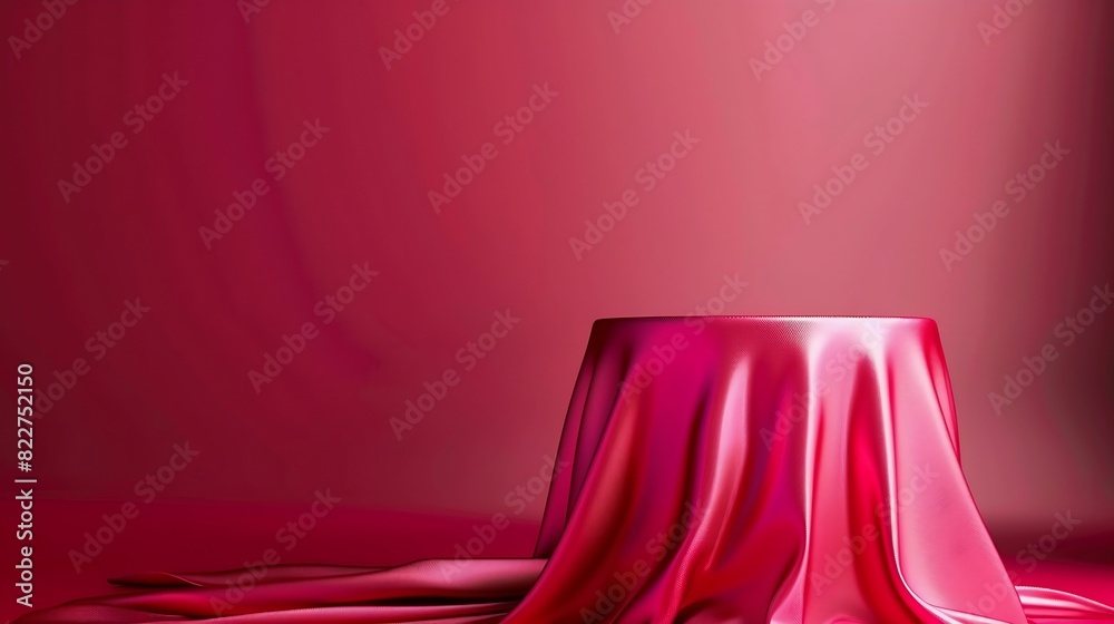 Poster cylinder podium covered with red cloth on viva magenta background premium empty fabric pedestal for 