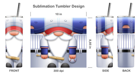 Funny Baseball Gnome cartoon character. Seamless sublimation template for 20 oz skinny tumbler. Sublimation illustration. Seamless from edge to edge. Full tumbler wrap.