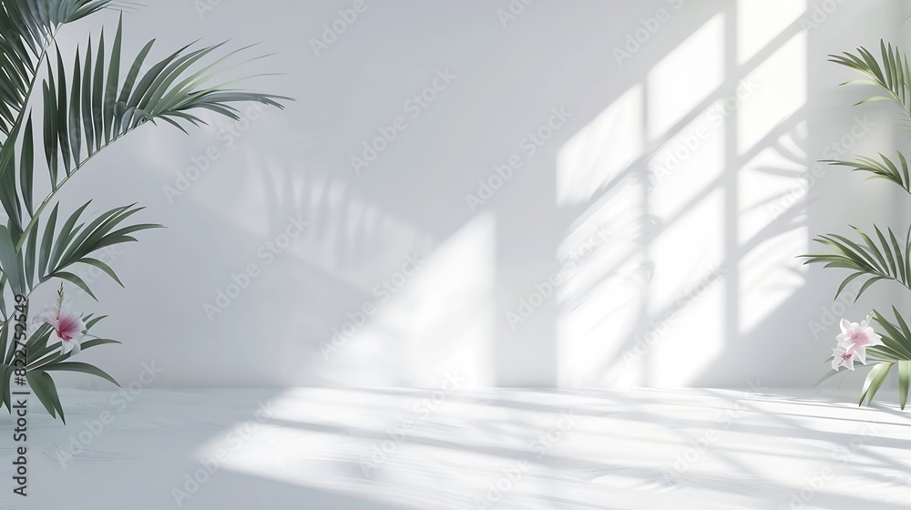 Poster Abstract white studio background for product presentation Empty room with shadows of window and flowers and palm leaves  3d room with copy space Summer concert Blurred backdrop : Generative AI