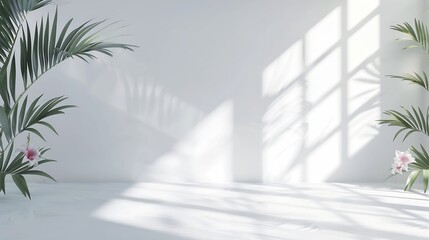 Abstract white studio background for product presentation Empty room with shadows of window and flowers and palm leaves  3d room with copy space Summer concert Blurred backdrop : Generative AI