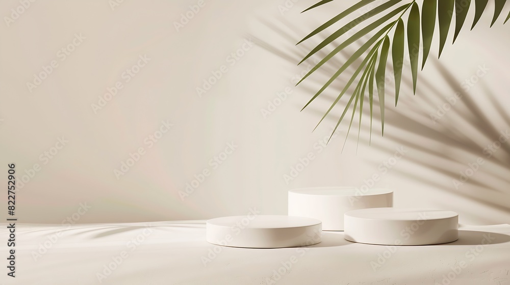 Aufkleber Three varying height white podiums complemented by a palm leaf on a neutral background ideal for product display : Generative AI