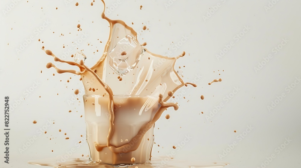 Aufkleber Milk Tea fall ice cube cool pouring down in Shape form line Milk Ice coffee splash into drop dropet chocolate cocoa attack fluttering explosion in air White background isolated stop mo : Generative AI