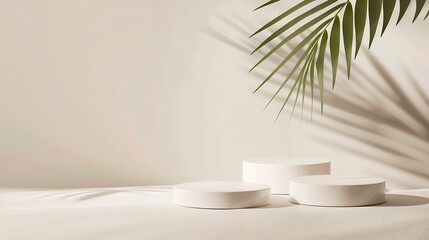 Three varying height white podiums complemented by a palm leaf on a neutral background ideal for product display : Generative AI