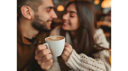 Closeup of a man and woman clinking a white coffee cup in a coffee shop while talking at work : Generative AI