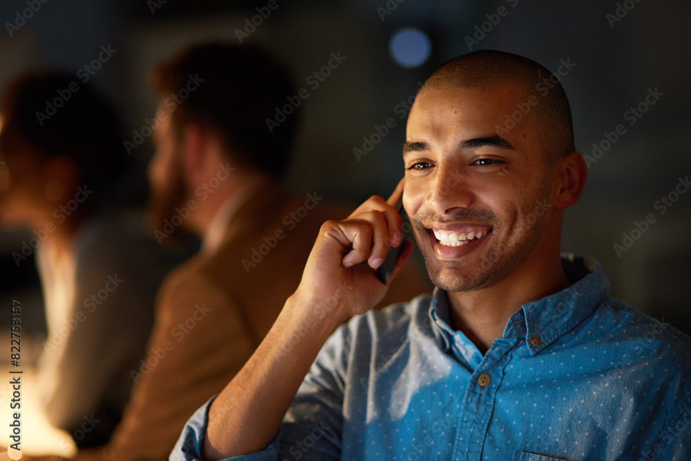 Aufkleber happy, man and phone call in office at night with late deadline or contact to client for project. vi
