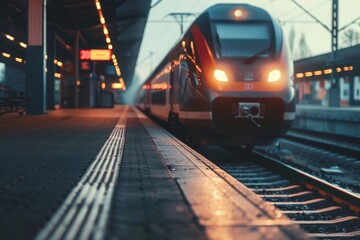 Naklejka premium Train arriving at a rail station at dusk