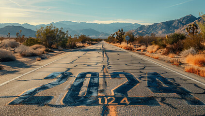 New Year 2024 Road to Future on Desert Highway Leading to Mountains
