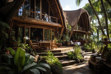 Tropical bamboo house in the midst of lush vegetation., generative IA