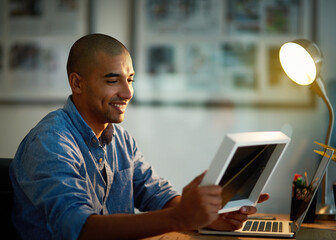 Man, happy or photo frame at desk with laptop for late work, good memories or nostalgia at night....