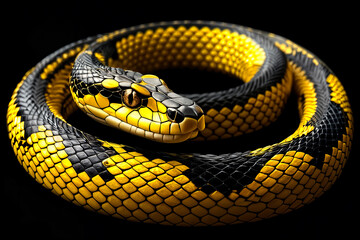 Obraz premium A yellow and black snake coiled around itself, with its head resting on the tail.