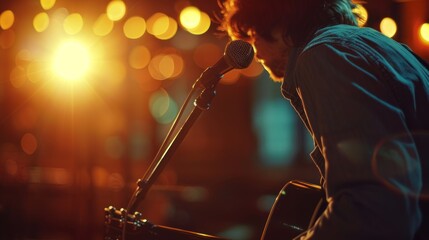 selective focus microphone and blur Man playing guitar background with flare light