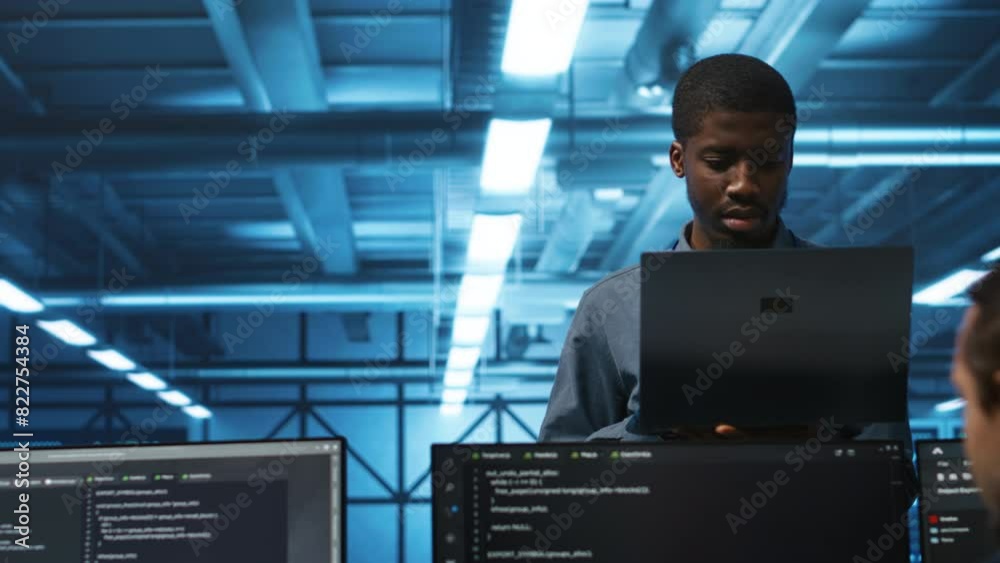 Poster portrait of happy manager supervising server rows in computer network security data center. smiling 