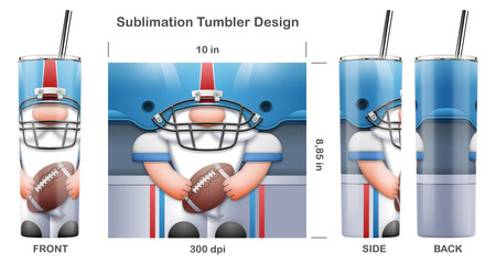 Funny American Football Gnome cartoon character. Seamless sublimation template for 20 oz skinny tumbler. Sublimation illustration. Seamless from edge to edge. Full tumbler wrap.