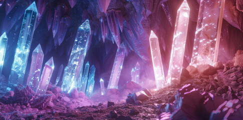 A fantasy scene of an underground cavern filled with towering crystals that glow and radiate light. The crystal formations tower over the viewer in sharp focus, creating an otherworldly atmosphere
