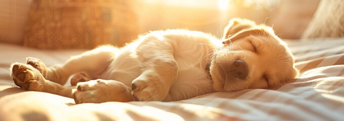 Adorable Golden Retriever puppy sleeping peacefully on a cozy bed in warm sunlight. Perfect for...