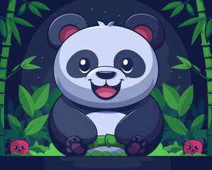 Adorable Cartoon Panda Sitting in Bamboo Forest at Night with Cute Plants and Flowers, Happily Smiling at Viewers