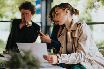 Young entrepreneurs collaborating remotely at an urban coffee bar. Focused on project tasks, analyzing reports, and developing marketing strategies for business growth and success.