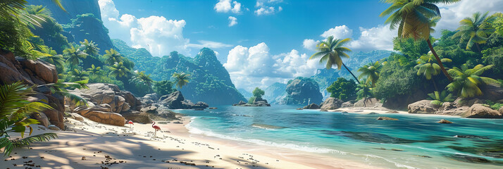 Tropical Beach Paradise with Sunlit Waters and Lush Palm Trees, Perfect for a Serene Getaway