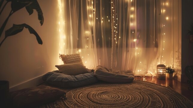 A serene reading space with a gy rug floor pillows and strings of fairy lights creating a magical ambiance.