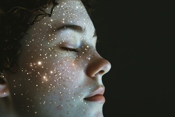 A depiction of a person with unique constellation-like freckle patterns across their cheeks